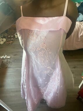 Shimmery Light Pink Embroidered Satin Slip Dress